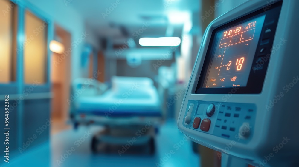 Close-up of a hospital bed control panel, focus on the buttons and screen, blurred recovery room in the background, soft lighting. Close-up of a hospital bed control panel, focus on the buttons and screen, blurred recovery room in the background, soft lighting.