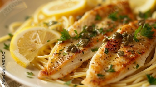 Savor the Zesty Delight of Blackchin Tilapia Piccata Amidst a Lush Plate of Flavored Pasta and Fresh Lemon Slices