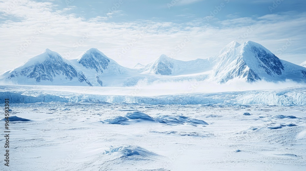 The icy expanse of Antarctica, with towering glaciers and snow-covered mountains in the distance. The icy expanse of Antarctica, with towering glaciers and snow-covered mountains in the distance.