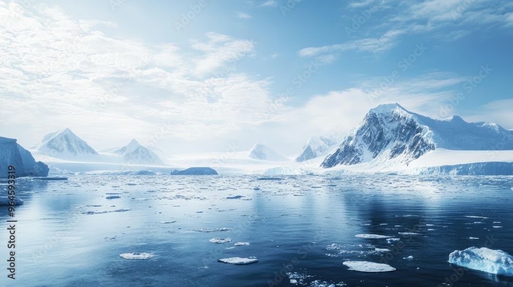 The icy expanse of Antarctica, with towering glaciers and snow-covered mountains in the distance. The icy expanse of Antarctica, with towering glaciers and snow-covered mountains in the distance.