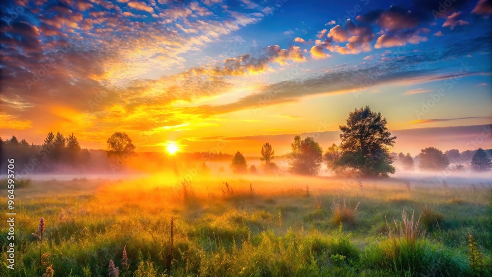 Fototapeta premium Vibrant sunrise illuminating foggy meadow