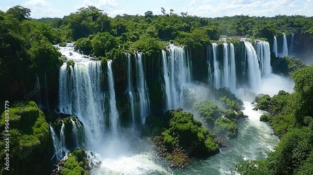 The Iguazu Falls as seen from the Argentinian side, with the waterfalls stretching across the horizon and surrounded by lush greenery. The Iguazu Falls as seen from the Argentinian side, with the waterfalls stretching across the horizon and surrounded by lush greenery.