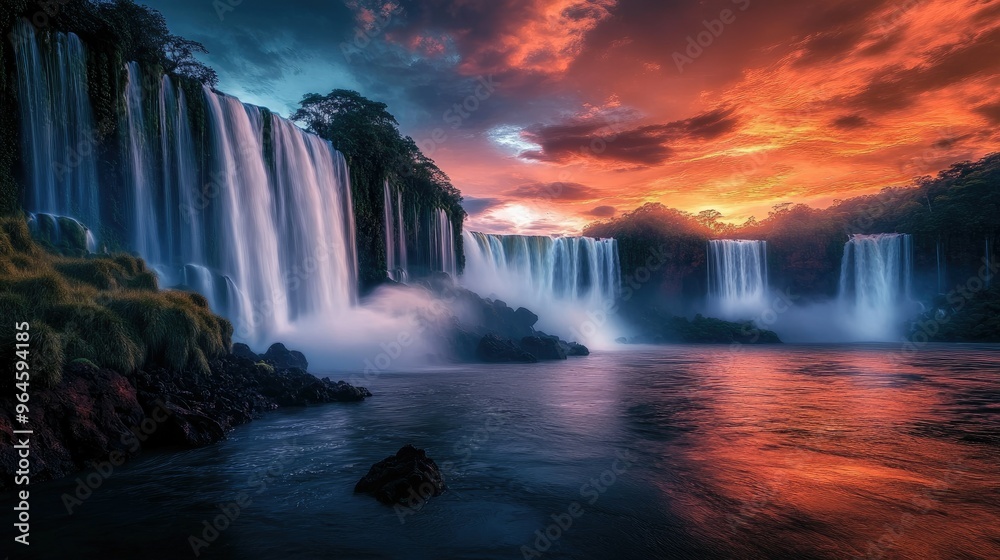 Fototapeta premium The Iguazu Falls at sunset, with the sky ablaze with color and the waterfalls casting long shadows.