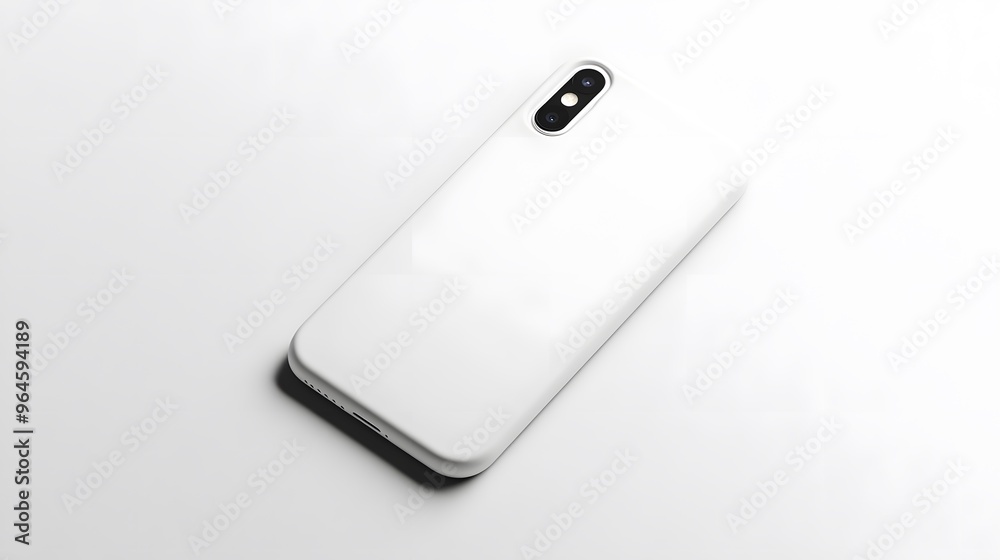 Fototapeta premium Simple Phone Case: A plain, white phone case with a minimalist design, lying flat on a white background, with crisp shadows for definition. 