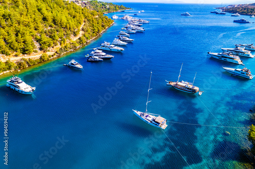 Fototapeta Naklejka Na Ścianę i Meble -  Paradise Bay (Turkish: Cennet Koyu) in Bodrum. Mugla, Turkey. One of the most beautiful bays in Bodrum with blue sea and nature. Drone shot.