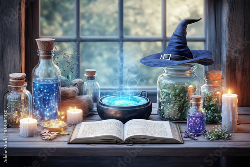 Wallpaper Mural Mystical Potion: A window-lit scene of a witch's workspace, featuring a cauldron bubbling with magical blue potion, surrounded by candles, jars of herbs, and an open spell book  Torontodigital.ca