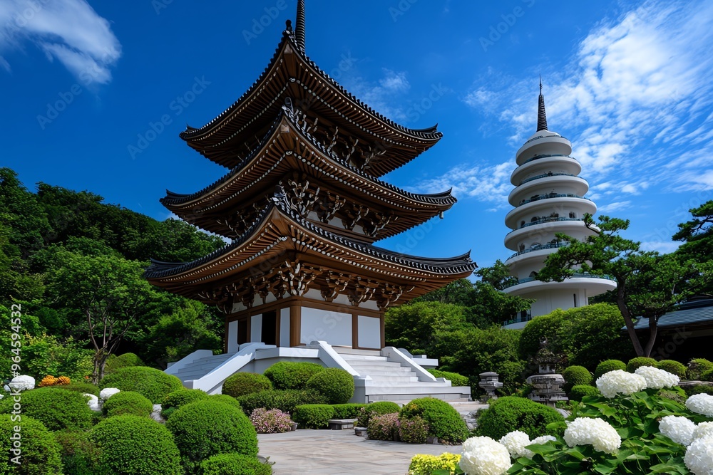 Pagoda temple, multi-tiered roofs, intricate carvings rises above a tranquil garden, symbolizing the ascent toward enlightenment Pagoda temple, multi-tiered roofs, intricate carvings rises above a tranquil garden, symbolizing the ascent toward enlightenment