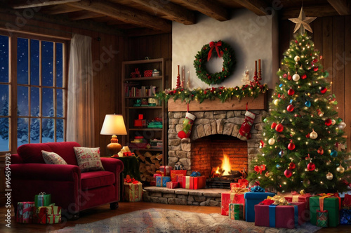 Cozy Christmas scene with a lit tree, gifts, fireplace, and snowy window for a festive holiday vibe.