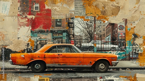 Vintage Urban Collage Art with Classic Car and Cityscape Background, Textured Layers and Mixed Media Elements