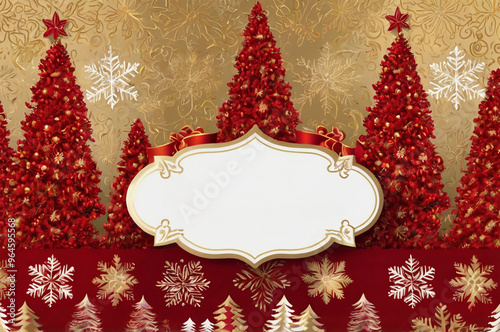 Seamless red Christmas trees pattern with golden text, snowflakes, and holly berries for a festive vibe.
