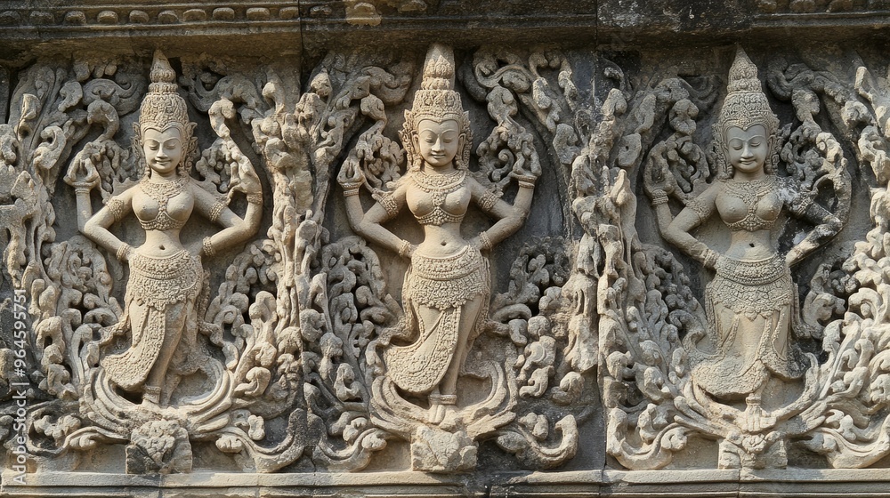 The intricate stone carvings of apsaras (celestial dancers) on the walls of Angkor Wat. The intricate stone carvings of apsaras (celestial dancers) on the walls of Angkor Wat.