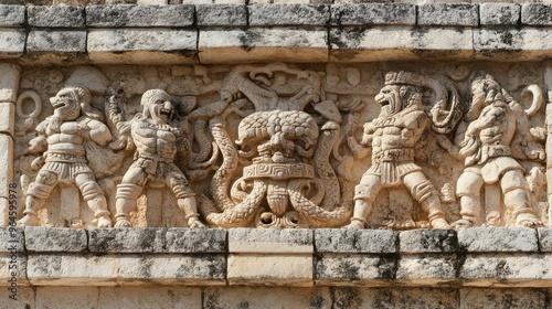 The intricate stone carvings on the Temple of the Warriors at Chichen Itza  depicting ancient warriors and serpents.