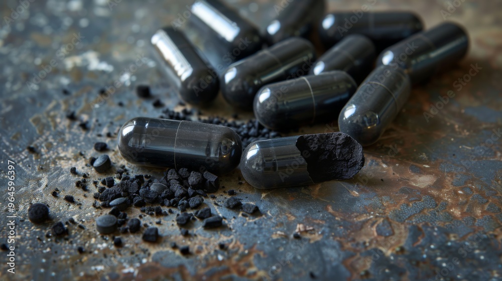 Charcoal capsules and powder on rough surface