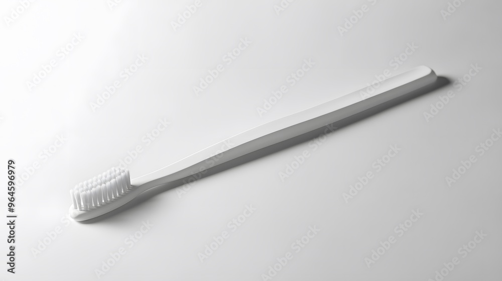 Simple Toothbrush: A plain, white toothbrush with a minimalist design, lying flat on a white background, with a soft shadow beneath it.
