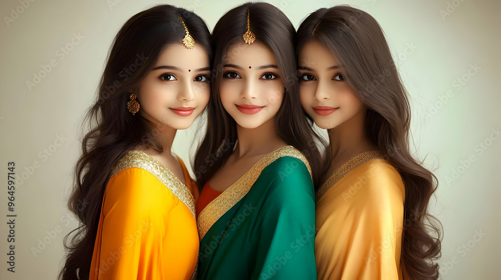 Three women in traditional attire, showcasing vibrant colors and cultural beauty. Three women in traditional attire, showcasing vibrant colors and cultural beauty.