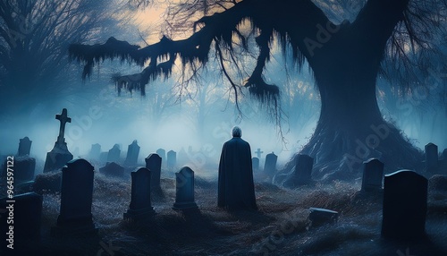 Creepy Graveyard at Dusk: A foggy, moonlit graveyard with old, crooked tombstones, overgrown weeds, and a large, gnarled tree in the background. halloween wallpaper, hallowend card. halloween design photo