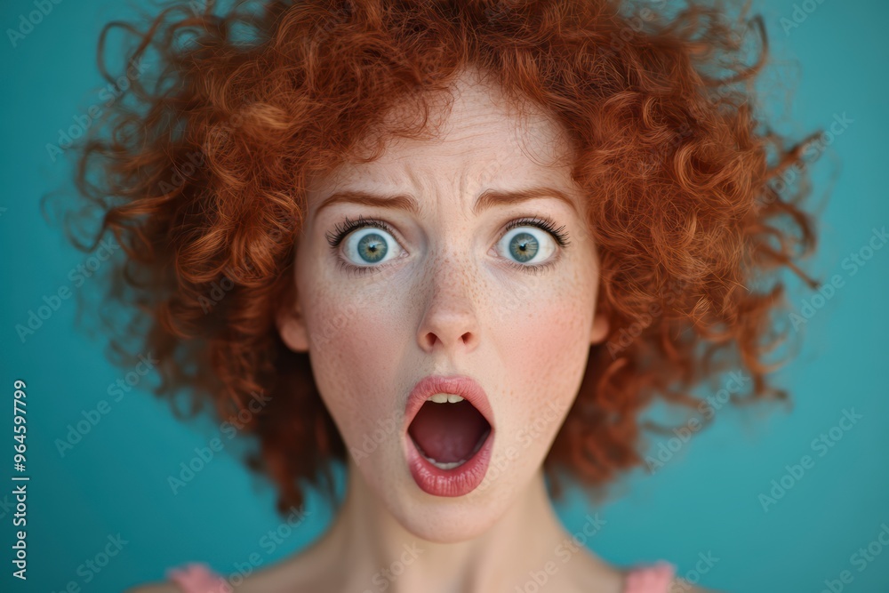 A red-haired curly-haired woman in a pink top with a surprised face on a blue background A red-haired curly-haired woman in a pink top with a surprised face on a blue background