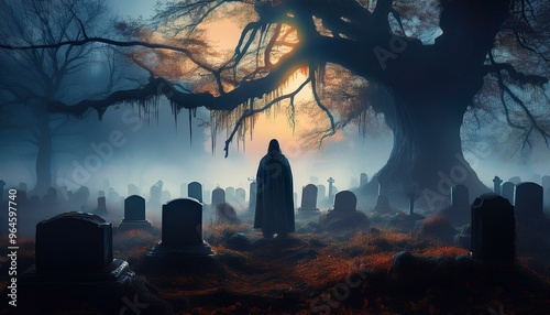 Creepy Graveyard at Dusk: A foggy, moonlit graveyard with old, crooked tombstones, overgrown weeds, and a large, gnarled tree in the background. halloween wallpaper, hallowend card. halloween design photo