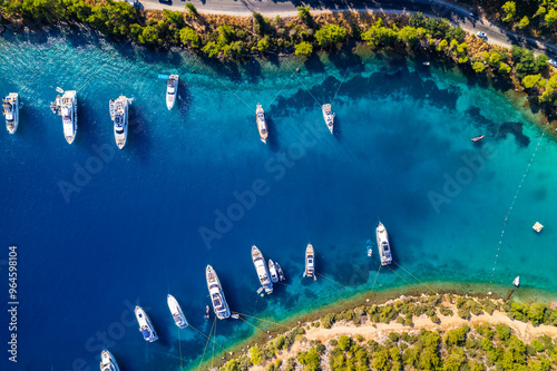 Fototapeta Naklejka Na Ścianę i Meble -  Paradise Bay (Turkish: Cennet Koyu) in Bodrum. Mugla, Turkey. One of the most beautiful bays in Bodrum with blue sea and nature. Drone shot.