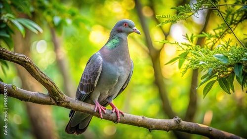 A pigeon perched on a branch in a lush tree canopy
