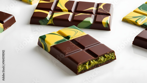 A piece of dark Dubai chocolate with a bite on a blurry background, the chocolate is filled with a thick layer of pistachio filling that seeps out the sides, with yellow and green spots on its surface photo