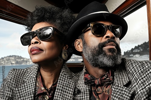 Stylish couple in sunglasses enjoying a scenic boat ride photo