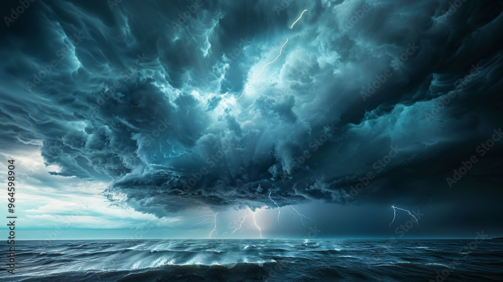 Fototapeta premium Medium close-up of a thunderstorm brewing over the ocean, dark clouds swirling with flashes of lightning illuminating the scene.