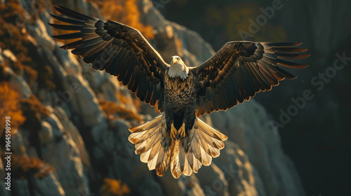 Medium close-up of an eagle soaring high above the cliffs, wings spread wide and strong, capturing the essence of might.