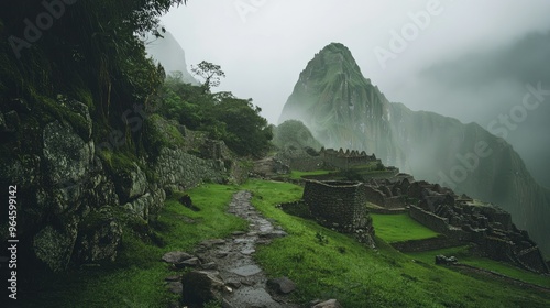 The lush green landscape of Machu Picchu in the rainy season. photo