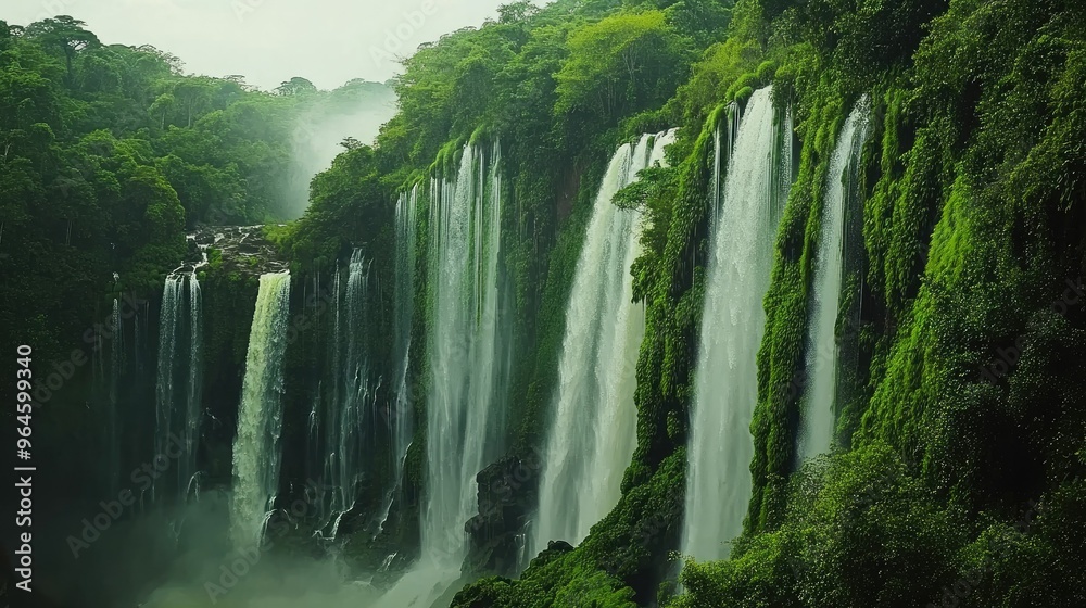 Naklejka premium The lush greenery surrounding the Iguazu Falls, with the waterfalls thundering in the background.