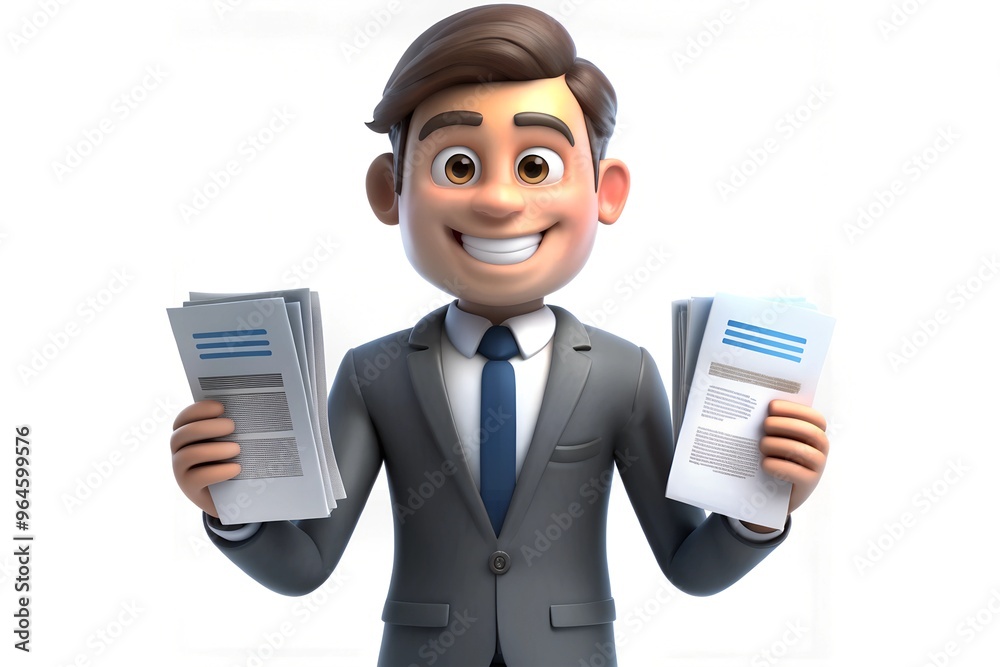 Smiling cartoon businessman holding documents in modern office environment Smiling cartoon businessman holding documents in modern office environment