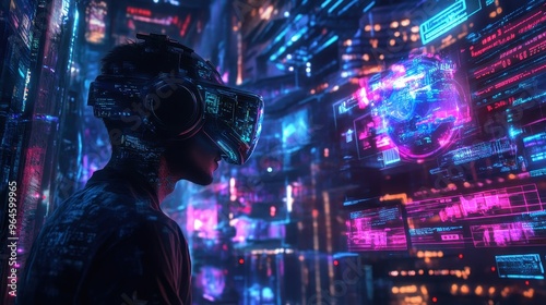 Virtual Reality Gamer Exploring Futuristic Cyber World with Holographic Displays and Digital Graphics