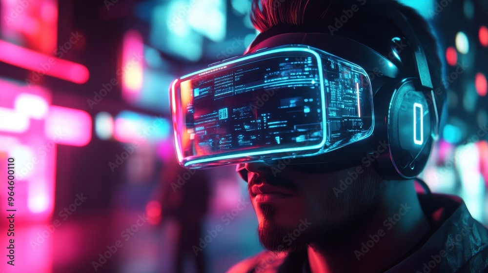 Virtual Gaming Experience with Cyber Headset in Neon-lit Environment