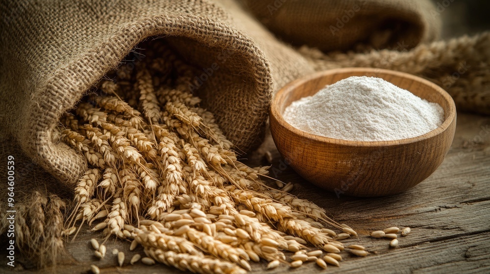 Wheat Flour in Bowl with Spikes, Grain, and Burlap Sack Wheat Flour in Bowl with Spikes, Grain, and Burlap Sack