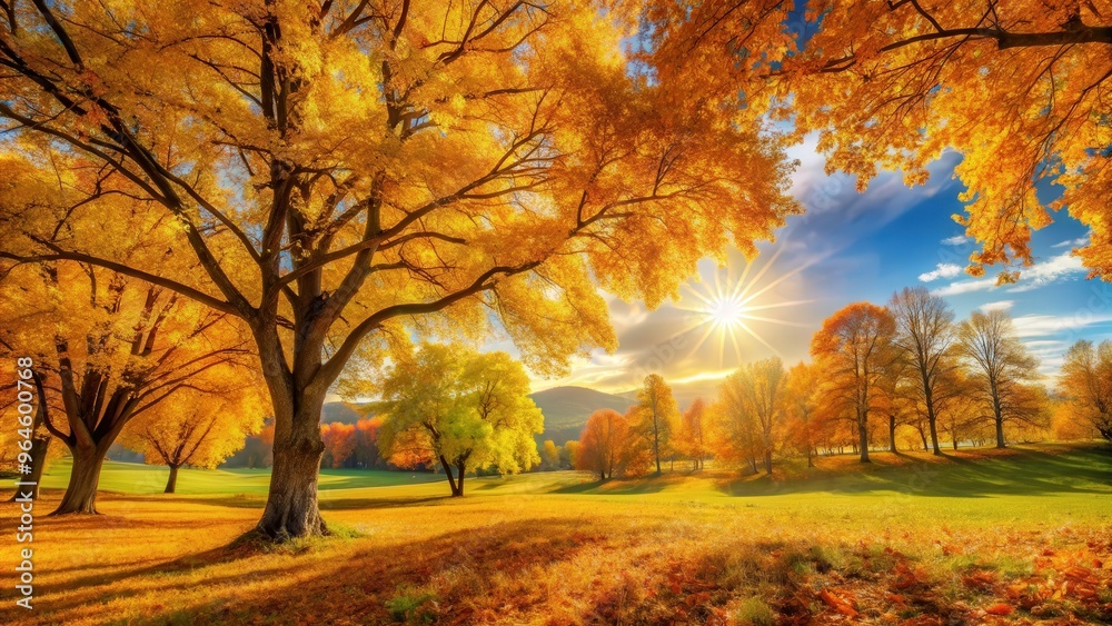 Fototapeta premium Vibrant autumn landscape with golden trees under the sun