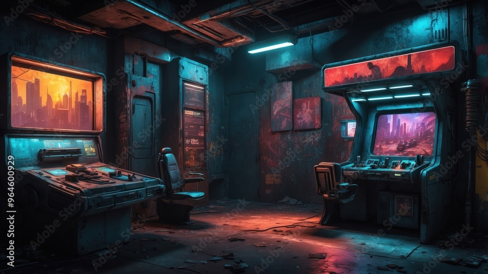 Illustration of an abandoned game room in comic style Illustration of an abandoned game room in comic style
