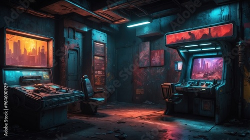 Illustration of an abandoned game room in comic style