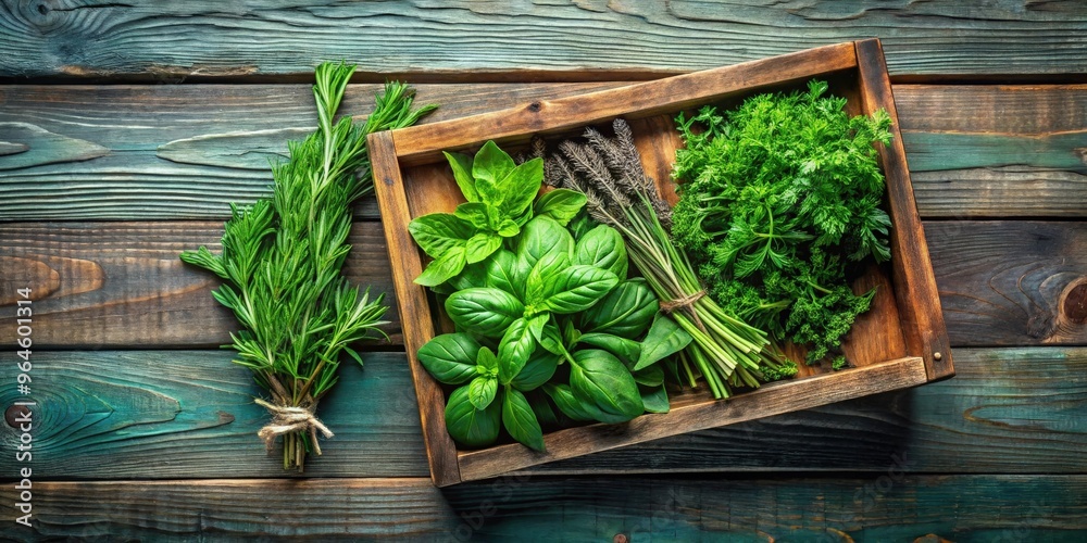 Top view of fresh herbs in a wooden box on a weathered table with copy space Top view of fresh herbs in a wooden box on a weathered table with copy space