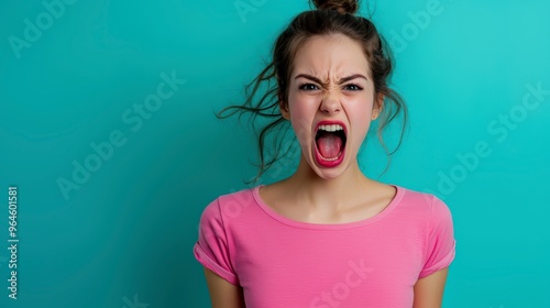 A red-haired curly-haired woman in a pink top with a surprised face on a blue background