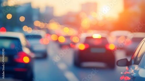 A blurred view of traffic with cars illuminated by soft lights, suggesting a busy urban environment during dusk.