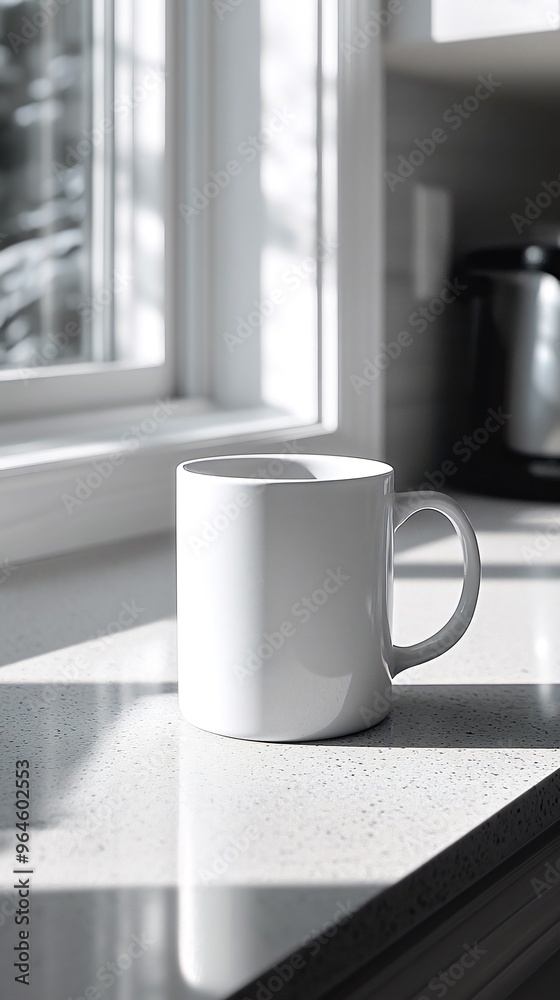 White mug on a countertop with a window in the background. White mug on a countertop with a window in the background.