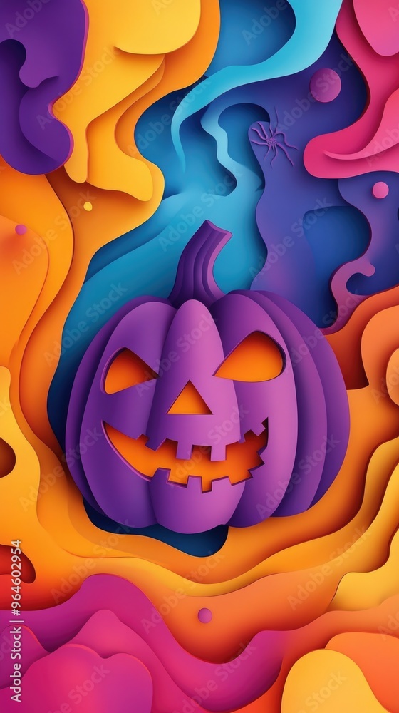 Fototapeta premium Paper cut style illustration of a whimsical Halloween pumpkin, carved jack-o'-lantern with glowing eyes