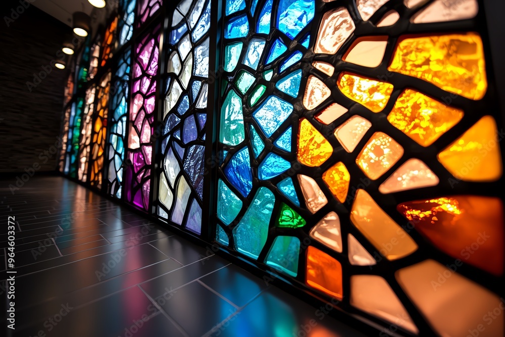 Stained glass window, with abstract designs, modern and bold pushes the boundaries of traditional religious art, inviting interpretation and wonder Stained glass window, with abstract designs, modern and bold pushes the boundaries of traditional religious art, inviting interpretation and wonder