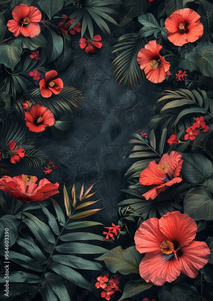 Vibrant Floral Collage Art with Tropical Leaves and Red Flowers on Dark Background Vibrant Floral Collage Art with Tropical Leaves and Red Flowers on Dark Background