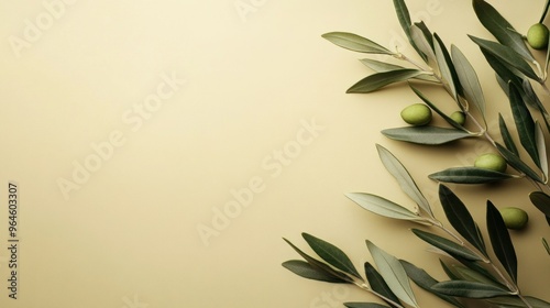 Brown khaki background decorated with Olives and olive branches. Background with olive leaves for your package and design illustration.