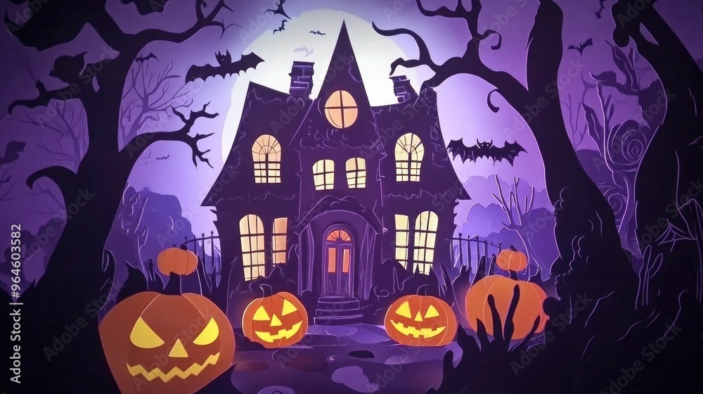 Paper cut style illustration of a whimsical haunted house surrounded by pumpkins at night Paper cut style illustration of a whimsical haunted house surrounded by pumpkins at night