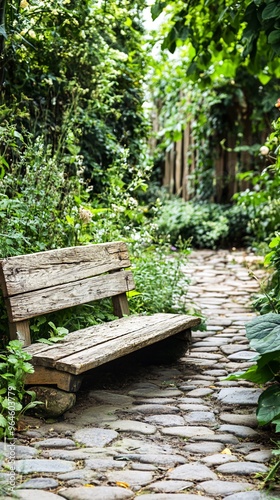 A wooden bench sits on a cobblestone path surrounded by lush greenery.