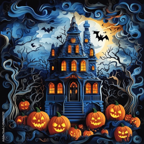 Paper cut style illustration of a whimsical haunted house surrounded by pumpkins at night