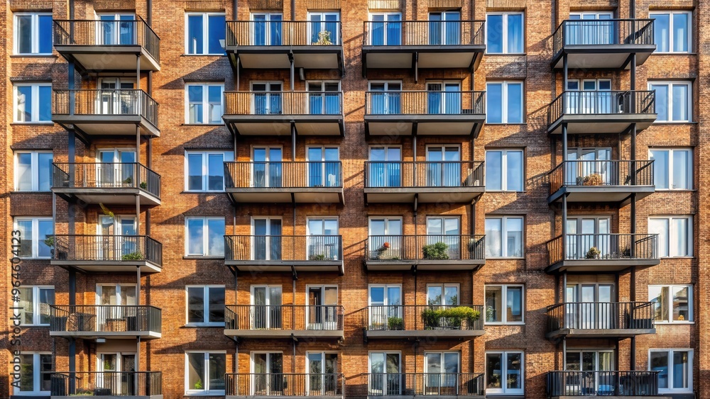 Close-up of a residential building facade with deep recessed balconies in Copenhagen, Denmark