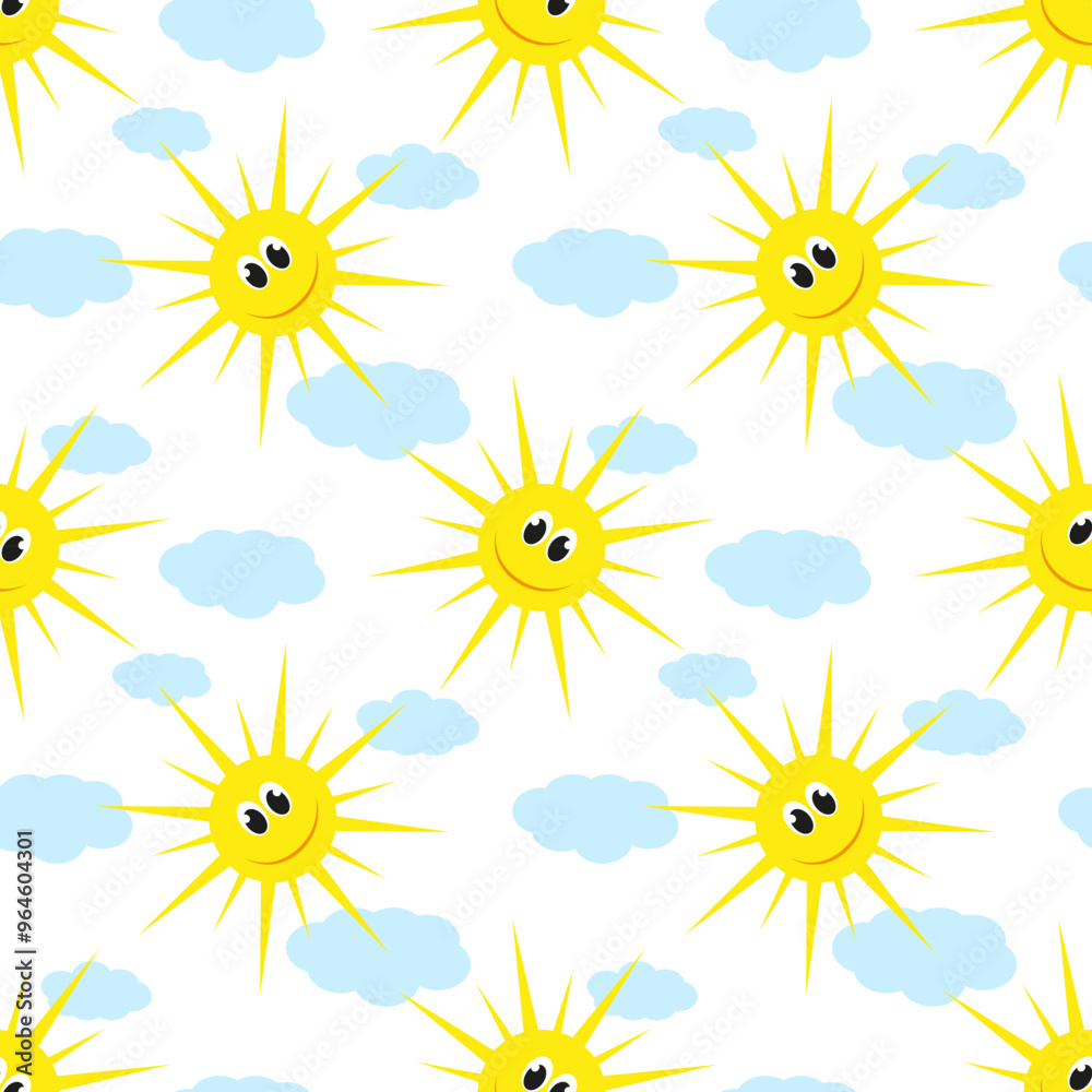 Vector illustration. Funny smiling cartoon sun seamless pattern on white background. Vector illustration. Funny smiling cartoon sun seamless pattern on white background.
